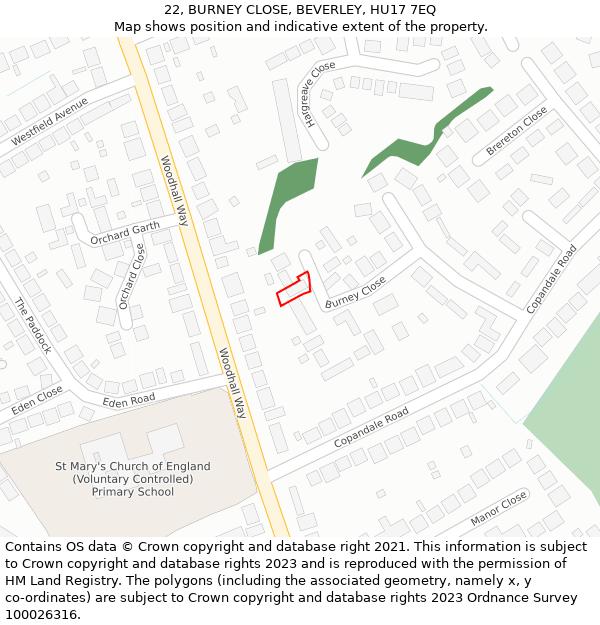 22, BURNEY CLOSE, BEVERLEY, HU17 7EQ: Location map and indicative extent of plot