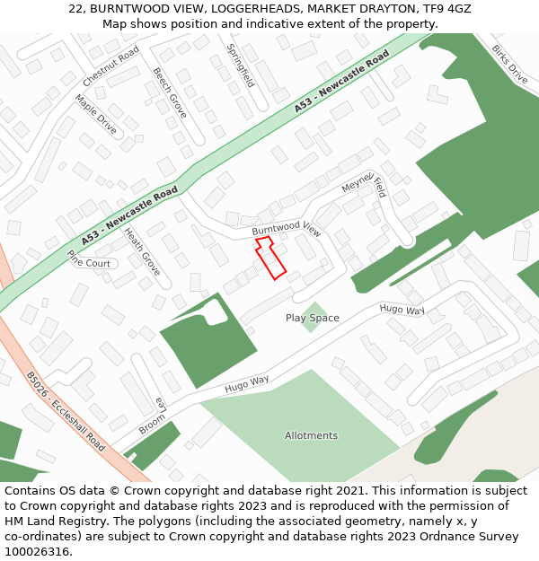 22, BURNTWOOD VIEW, LOGGERHEADS, MARKET DRAYTON, TF9 4GZ: Location map and indicative extent of plot