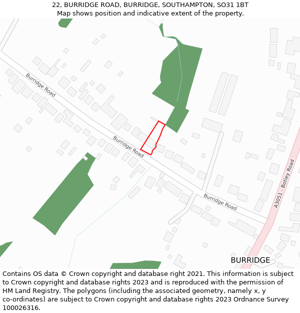 22, BURRIDGE ROAD, BURRIDGE, SOUTHAMPTON, SO31 1BT: Location map and indicative extent of plot