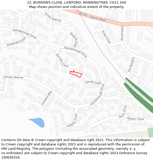 22, BURROWS CLOSE, LAWFORD, MANNINGTREE, CO11 2HE: Location map and indicative extent of plot