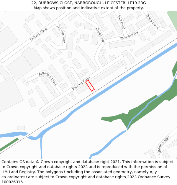 22, BURROWS CLOSE, NARBOROUGH, LEICESTER, LE19 2RG: Location map and indicative extent of plot