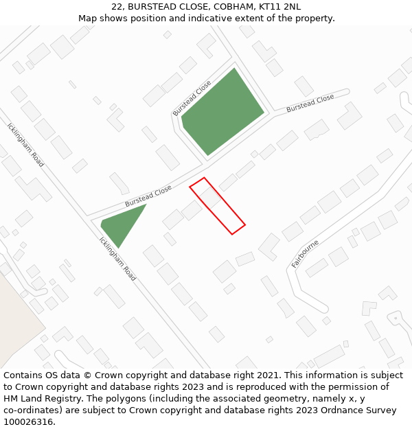 22, BURSTEAD CLOSE, COBHAM, KT11 2NL: Location map and indicative extent of plot