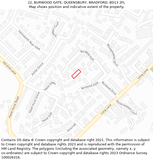 22, BURWOOD GATE, QUEENSBURY, BRADFORD, BD13 2FL: Location map and indicative extent of plot