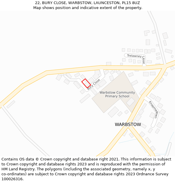 22, BURY CLOSE, WARBSTOW, LAUNCESTON, PL15 8UZ: Location map and indicative extent of plot