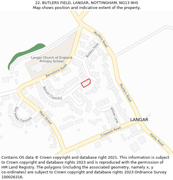 22, BUTLERS FIELD, LANGAR, NOTTINGHAM, NG13 9HS: Location map and indicative extent of plot