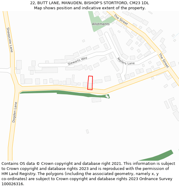 22, BUTT LANE, MANUDEN, BISHOP'S STORTFORD, CM23 1DL: Location map and indicative extent of plot