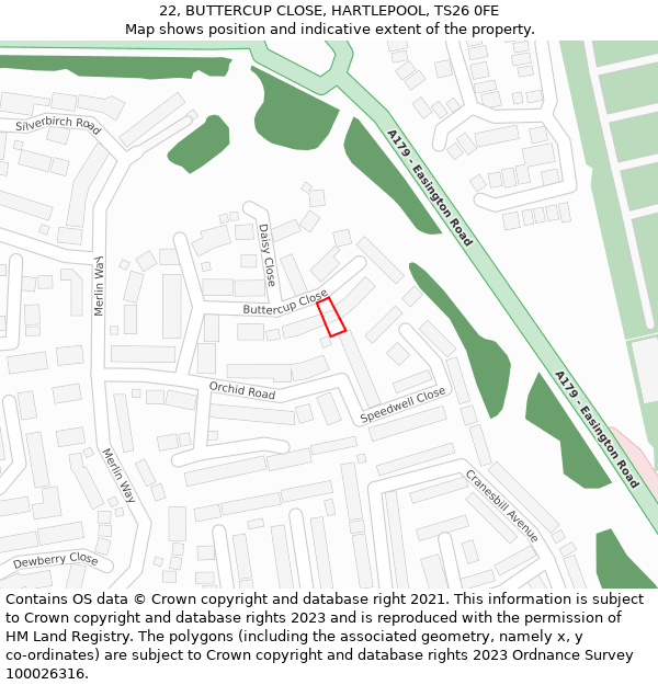 22, BUTTERCUP CLOSE, HARTLEPOOL, TS26 0FE: Location map and indicative extent of plot