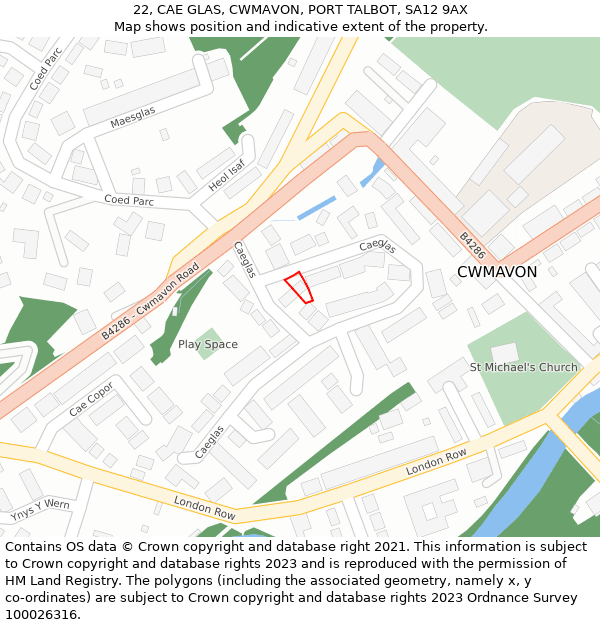 22, CAE GLAS, CWMAVON, PORT TALBOT, SA12 9AX: Location map and indicative extent of plot