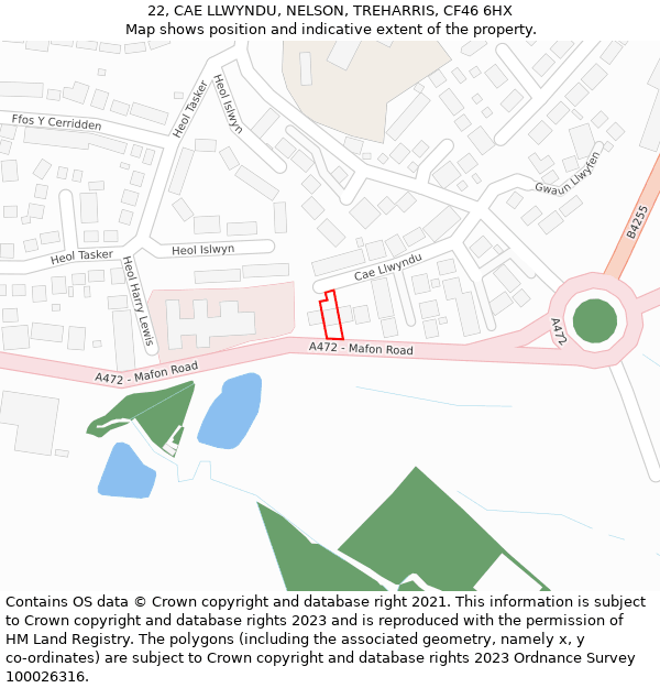 22, CAE LLWYNDU, NELSON, TREHARRIS, CF46 6HX: Location map and indicative extent of plot