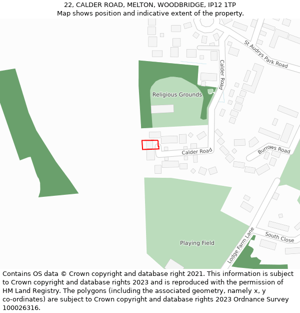 22, CALDER ROAD, MELTON, WOODBRIDGE, IP12 1TP: Location map and indicative extent of plot