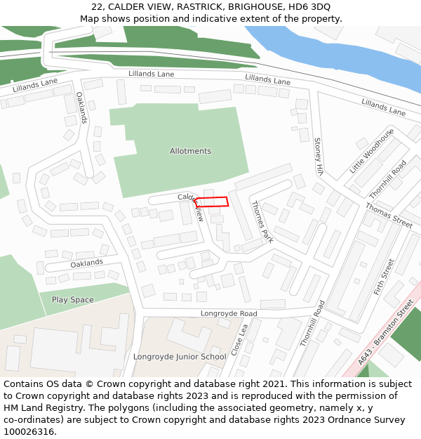 22, CALDER VIEW, RASTRICK, BRIGHOUSE, HD6 3DQ: Location map and indicative extent of plot