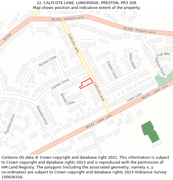 22, CALFCOTE LANE, LONGRIDGE, PRESTON, PR3 3SR: Location map and indicative extent of plot