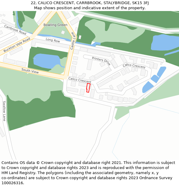 22, CALICO CRESCENT, CARRBROOK, STALYBRIDGE, SK15 3FJ: Location map and indicative extent of plot