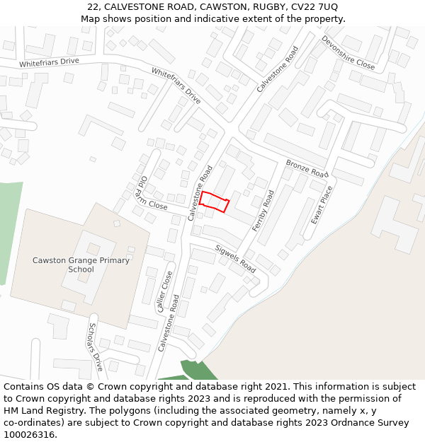 22, CALVESTONE ROAD, CAWSTON, RUGBY, CV22 7UQ: Location map and indicative extent of plot