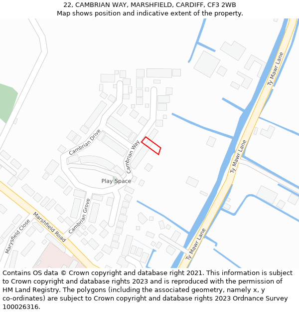 22, CAMBRIAN WAY, MARSHFIELD, CARDIFF, CF3 2WB: Location map and indicative extent of plot