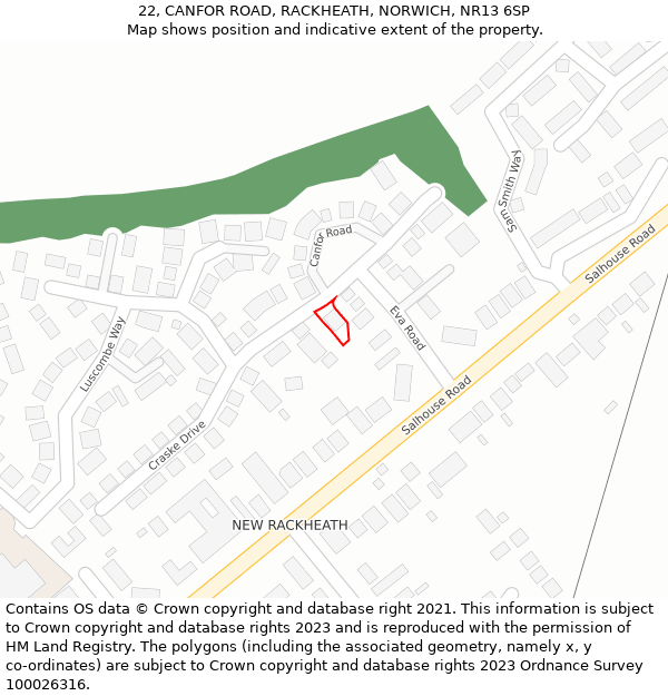 22, CANFOR ROAD, RACKHEATH, NORWICH, NR13 6SP: Location map and indicative extent of plot