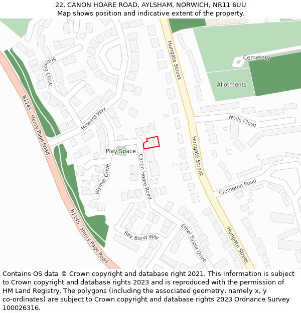 22, CANON HOARE ROAD, AYLSHAM, NORWICH, NR11 6UU: Location map and indicative extent of plot