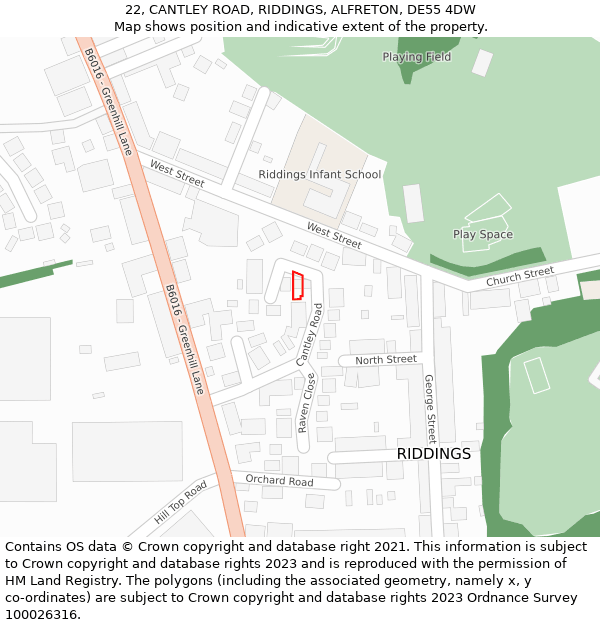 22, CANTLEY ROAD, RIDDINGS, ALFRETON, DE55 4DW: Location map and indicative extent of plot