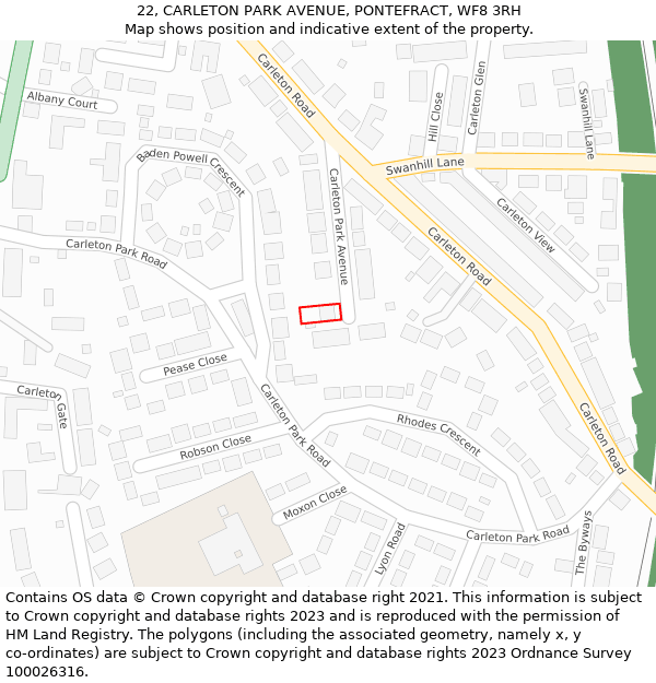 22, CARLETON PARK AVENUE, PONTEFRACT, WF8 3RH: Location map and indicative extent of plot