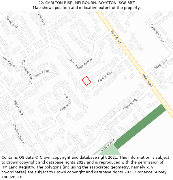 22, CARLTON RISE, MELBOURN, ROYSTON, SG8 6BZ: Location map and indicative extent of plot