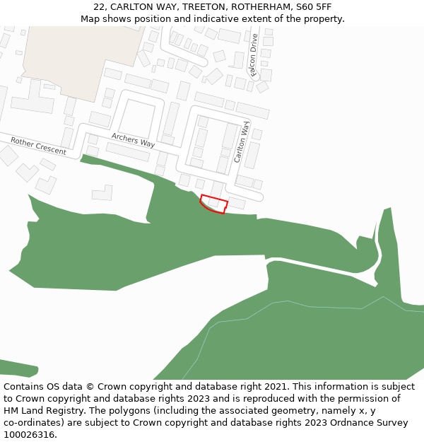 22, CARLTON WAY, TREETON, ROTHERHAM, S60 5FF: Location map and indicative extent of plot