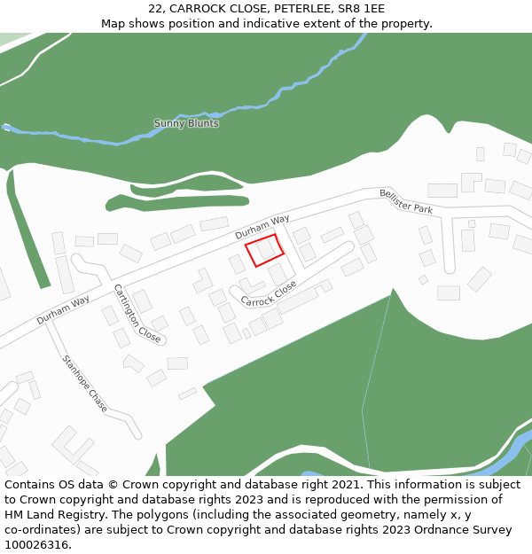 22, CARROCK CLOSE, PETERLEE, SR8 1EE: Location map and indicative extent of plot