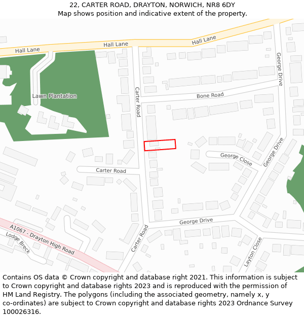 22, CARTER ROAD, DRAYTON, NORWICH, NR8 6DY: Location map and indicative extent of plot