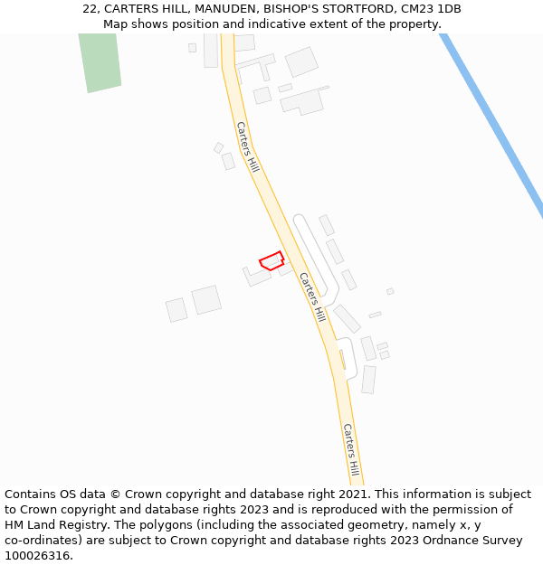 22, CARTERS HILL, MANUDEN, BISHOP'S STORTFORD, CM23 1DB: Location map and indicative extent of plot