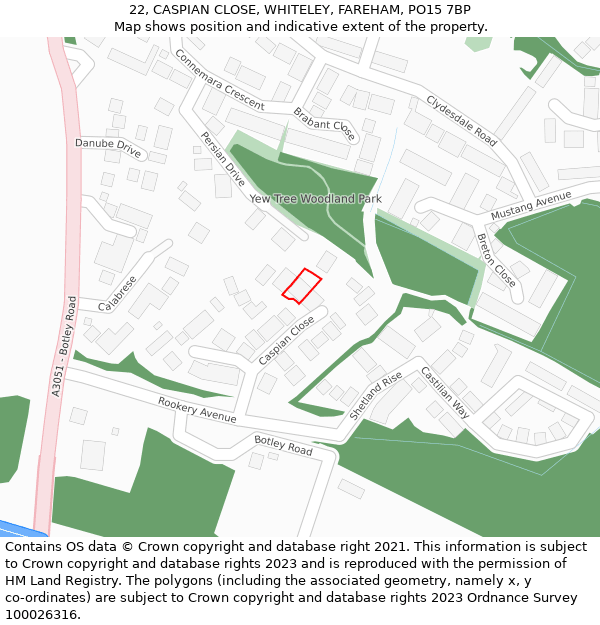 22, CASPIAN CLOSE, WHITELEY, FAREHAM, PO15 7BP: Location map and indicative extent of plot