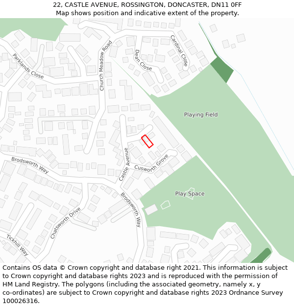 22, CASTLE AVENUE, ROSSINGTON, DONCASTER, DN11 0FF: Location map and indicative extent of plot