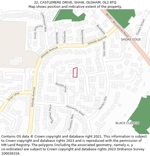 22, CASTLEMERE DRIVE, SHAW, OLDHAM, OL2 8TQ: Location map and indicative extent of plot