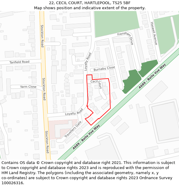 22, CECIL COURT, HARTLEPOOL, TS25 5BF: Location map and indicative extent of plot