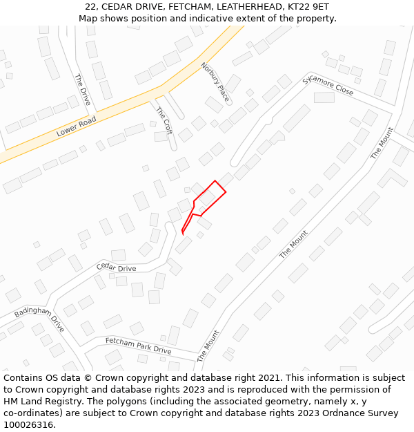 22, CEDAR DRIVE, FETCHAM, LEATHERHEAD, KT22 9ET: Location map and indicative extent of plot