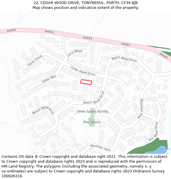 22, CEDAR WOOD DRIVE, TONYREFAIL, PORTH, CF39 8JB: Location map and indicative extent of plot