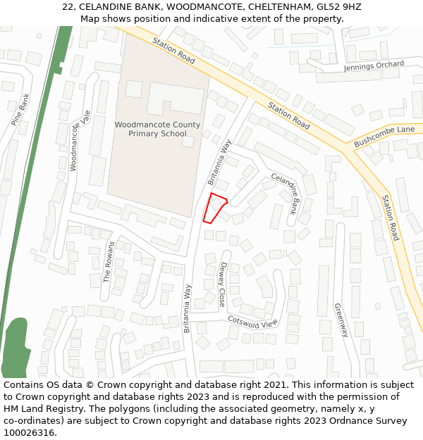 22, CELANDINE BANK, WOODMANCOTE, CHELTENHAM, GL52 9HZ: Location map and indicative extent of plot