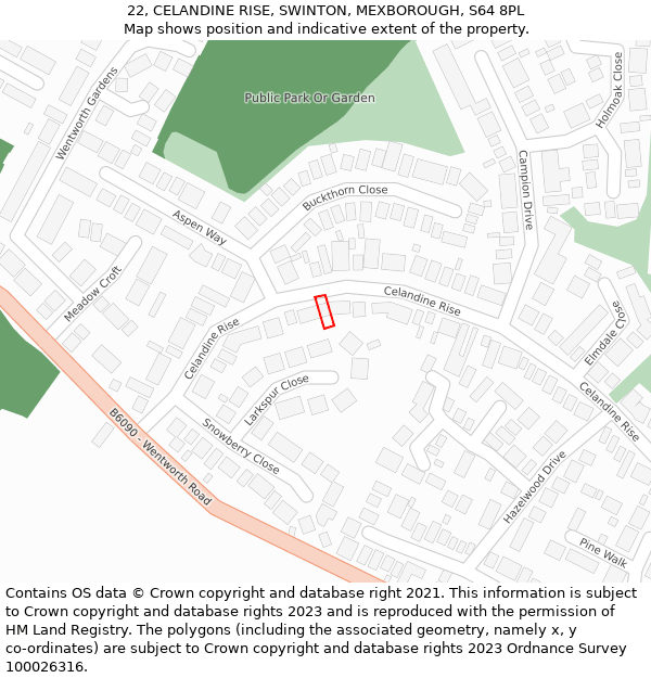 22, CELANDINE RISE, SWINTON, MEXBOROUGH, S64 8PL: Location map and indicative extent of plot