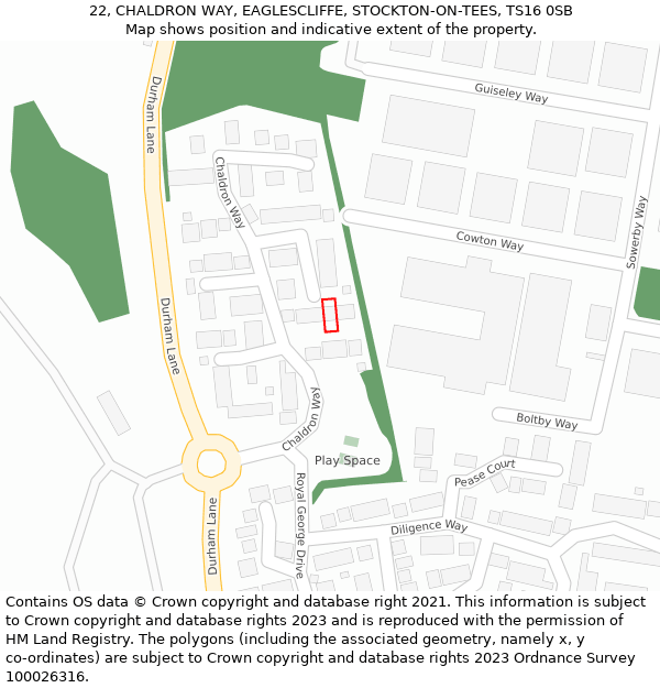 22, CHALDRON WAY, EAGLESCLIFFE, STOCKTON-ON-TEES, TS16 0SB: Location map and indicative extent of plot