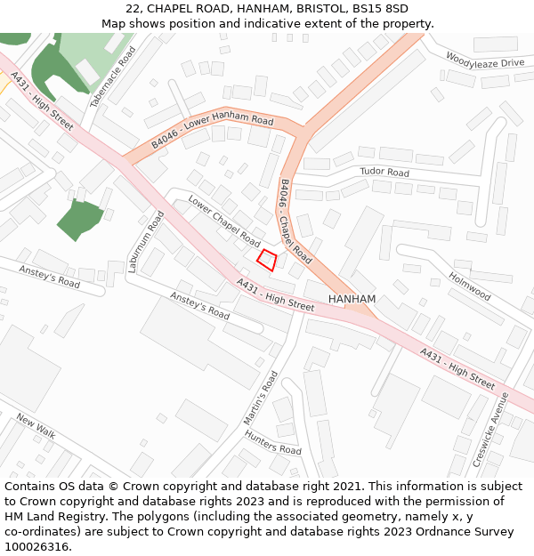 22, CHAPEL ROAD, HANHAM, BRISTOL, BS15 8SD: Location map and indicative extent of plot