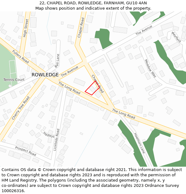 22, CHAPEL ROAD, ROWLEDGE, FARNHAM, GU10 4AN: Location map and indicative extent of plot