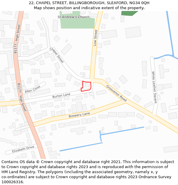 22, CHAPEL STREET, BILLINGBOROUGH, SLEAFORD, NG34 0QH: Location map and indicative extent of plot