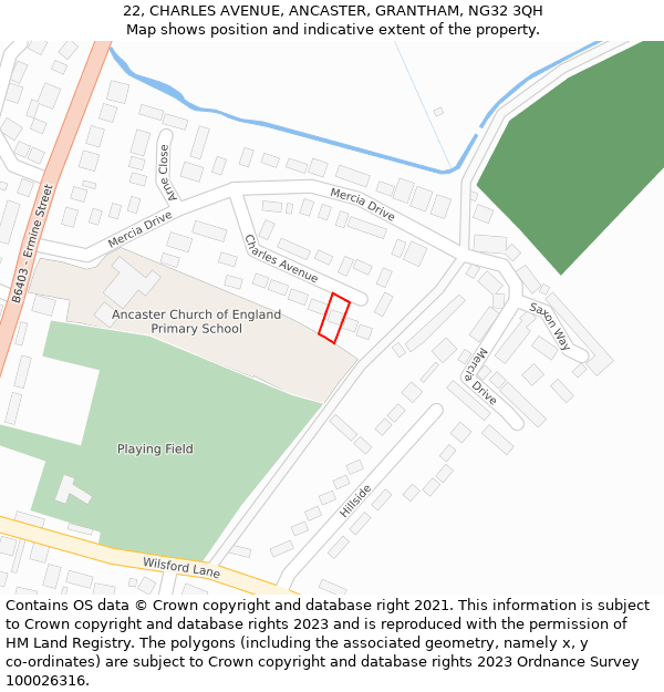 22, CHARLES AVENUE, ANCASTER, GRANTHAM, NG32 3QH: Location map and indicative extent of plot