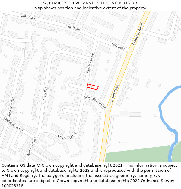 22, CHARLES DRIVE, ANSTEY, LEICESTER, LE7 7BF: Location map and indicative extent of plot