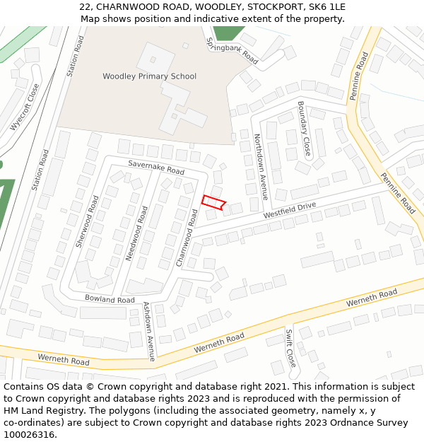 22, CHARNWOOD ROAD, WOODLEY, STOCKPORT, SK6 1LE: Location map and indicative extent of plot