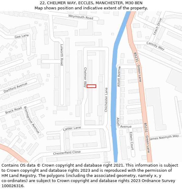 22, CHELMER WAY, ECCLES, MANCHESTER, M30 8EN: Location map and indicative extent of plot