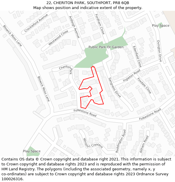 22, CHERITON PARK, SOUTHPORT, PR8 6QB: Location map and indicative extent of plot