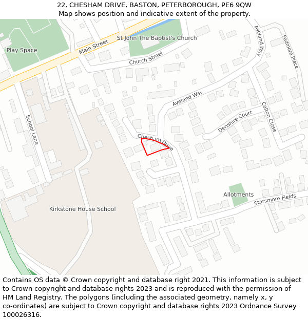 22, CHESHAM DRIVE, BASTON, PETERBOROUGH, PE6 9QW: Location map and indicative extent of plot