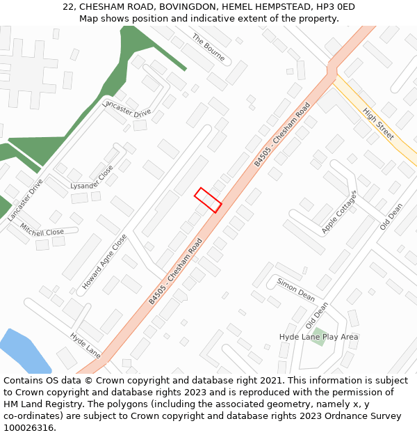 22, CHESHAM ROAD, BOVINGDON, HEMEL HEMPSTEAD, HP3 0ED: Location map and indicative extent of plot