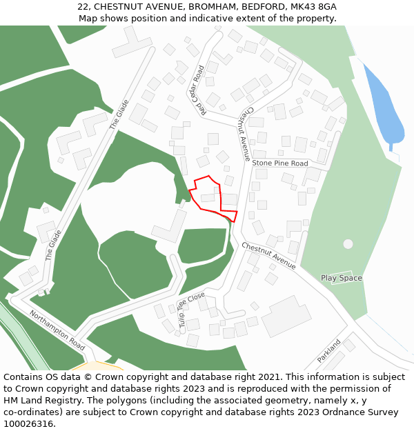 22, CHESTNUT AVENUE, BROMHAM, BEDFORD, MK43 8GA: Location map and indicative extent of plot