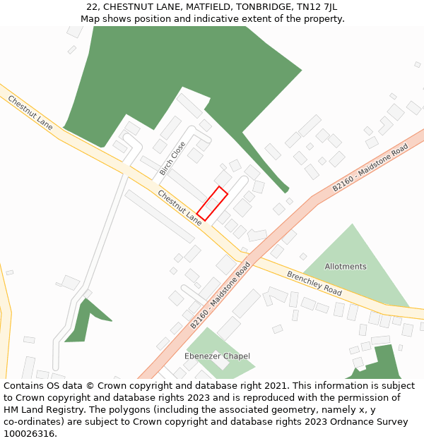 22, CHESTNUT LANE, MATFIELD, TONBRIDGE, TN12 7JL: Location map and indicative extent of plot