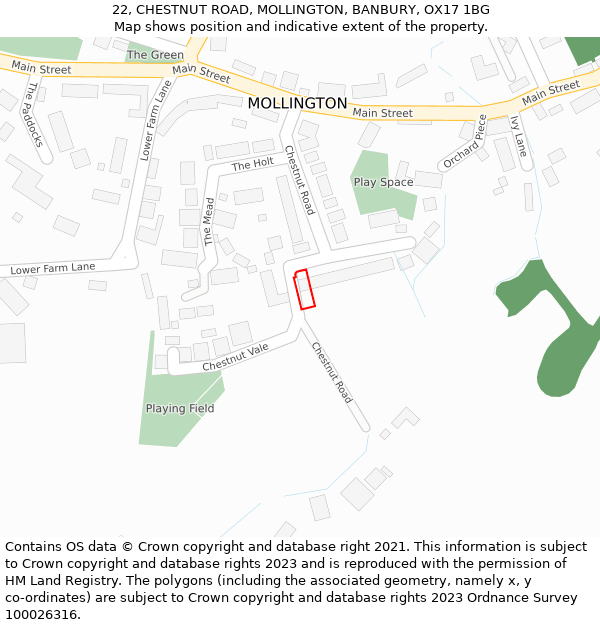 22, CHESTNUT ROAD, MOLLINGTON, BANBURY, OX17 1BG: Location map and indicative extent of plot